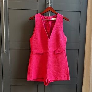 Zara Vibrant Hot Pink Textured V-Neck Romper
